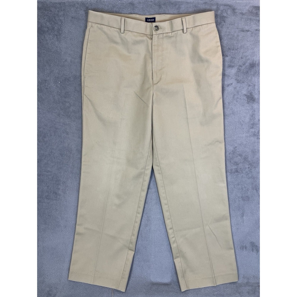 Izod Pants Mens 36x32 Tan Khaki Straight Leg Flat Front Preppy Golf Chino